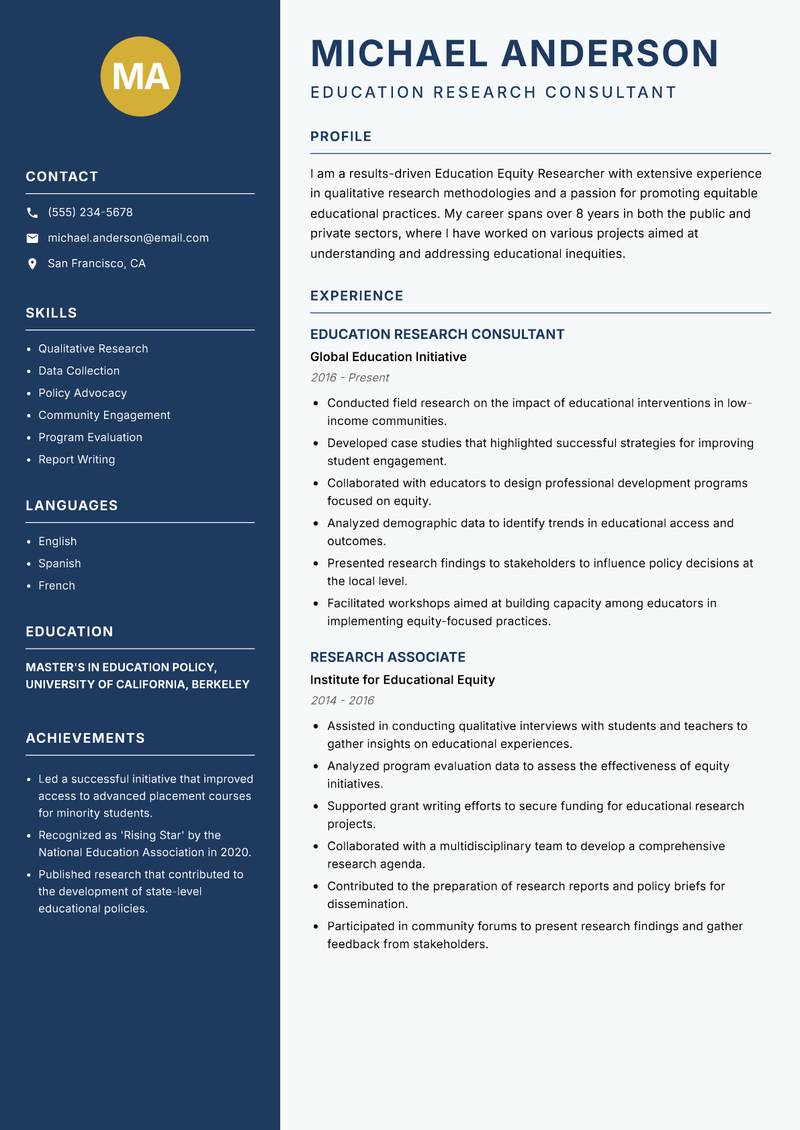 Education Equity Researcher resume sample — Education Research Consultant focus