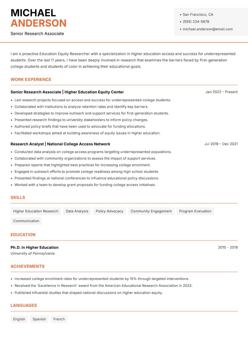 Education Equity Researcher resume sample — Senior Research Associate focus