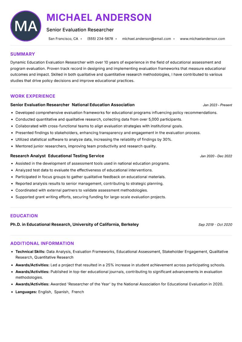 Education Evaluation Researcher resume example