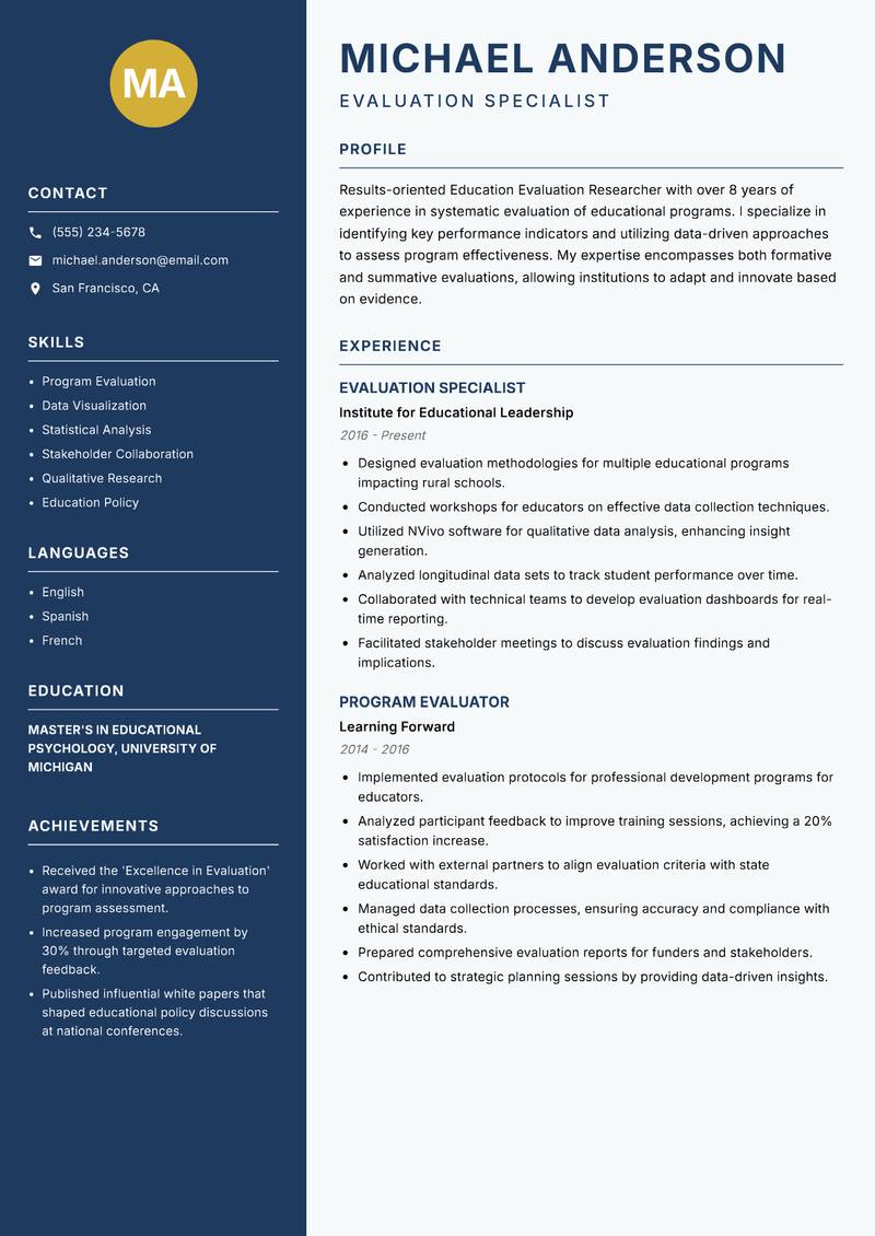 Education Evaluation Researcher resume sample — Evaluation Specialist focus
