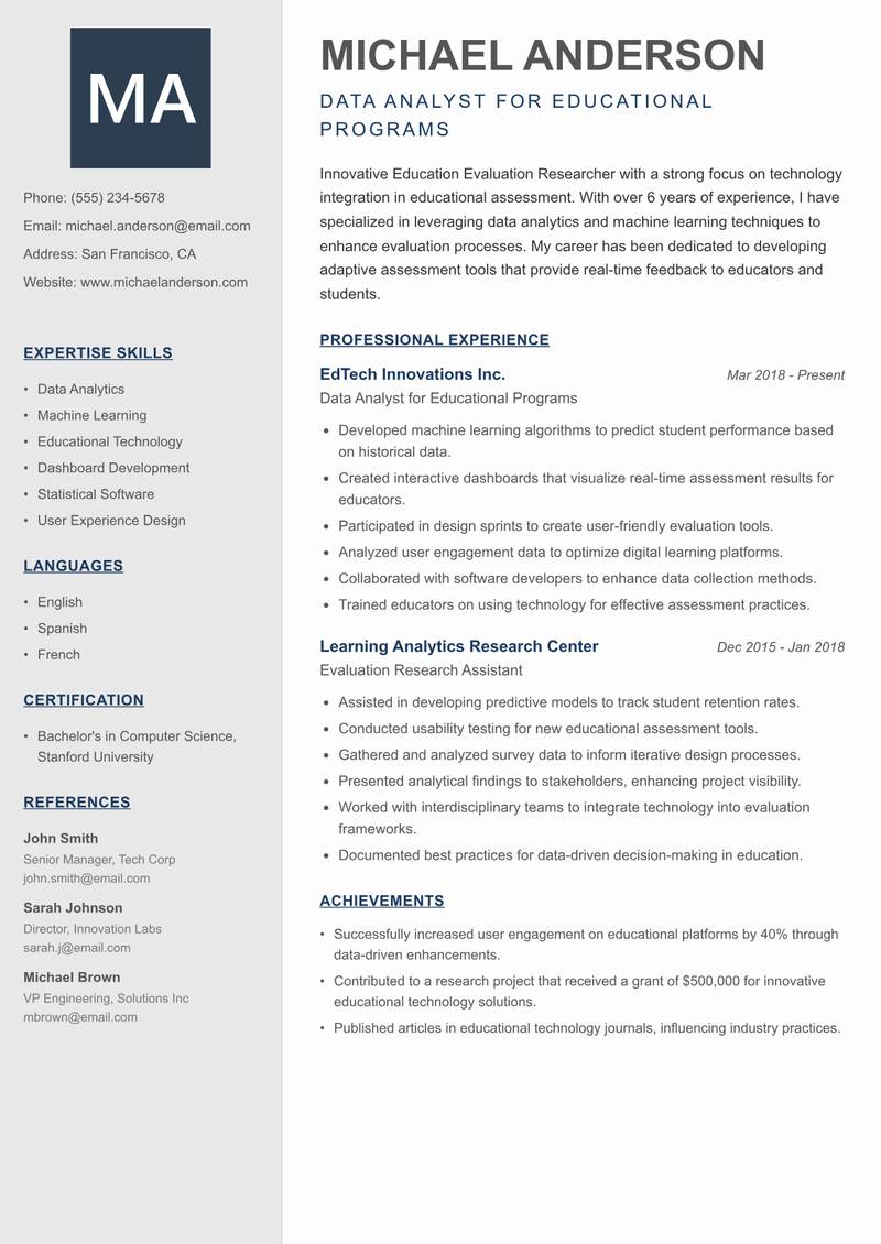 Education Evaluation Researcher resume sample — Data Analyst for Educational Programs focus