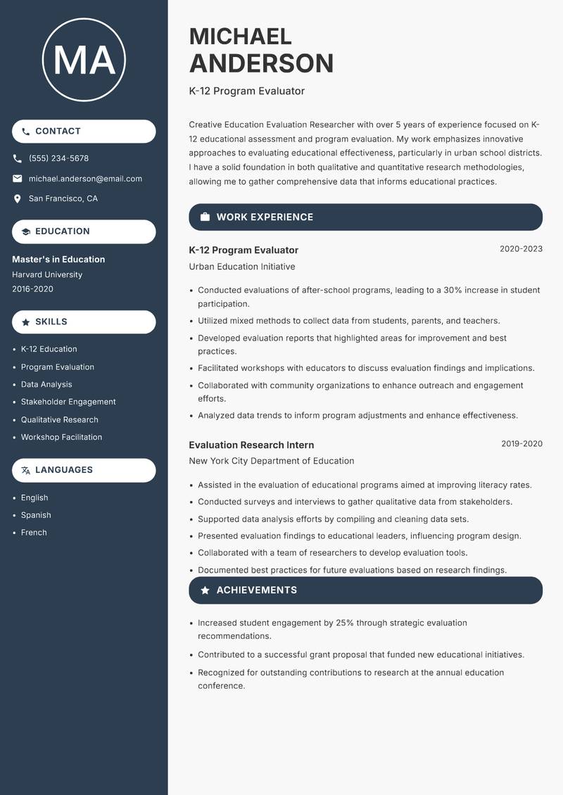 Education Evaluation Researcher resume sample — K-12 Program Evaluator focus