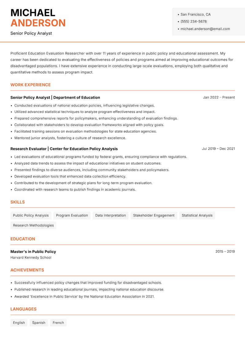 Education Evaluation Researcher resume sample — Senior Policy Analyst focus