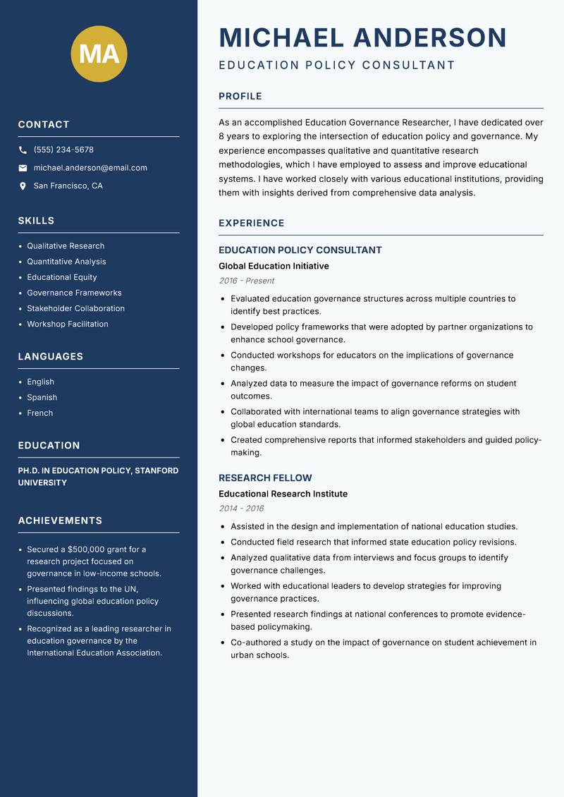 Education Governance Researcher resume sample — Education Policy Consultant focus