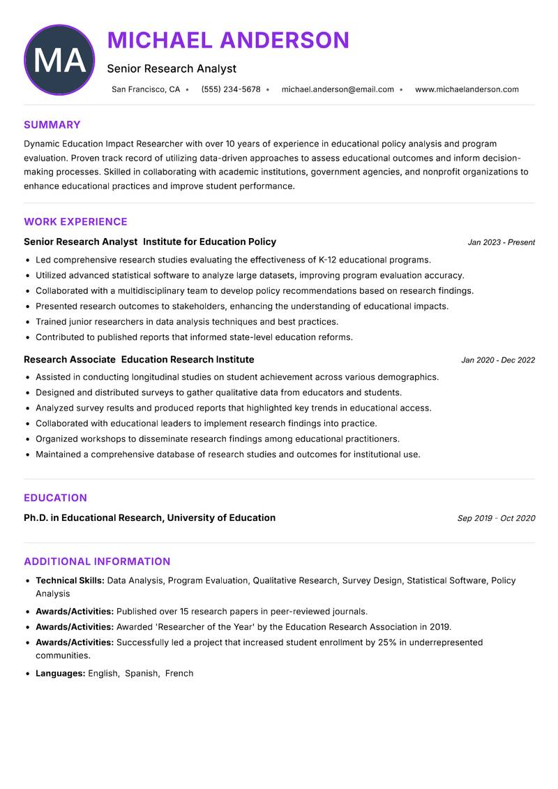 Education Impact Researcher resume example