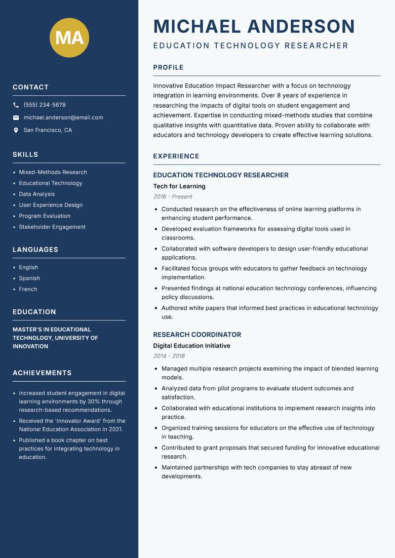 Education Impact Researcher resume sample — Education Technology Researcher focus