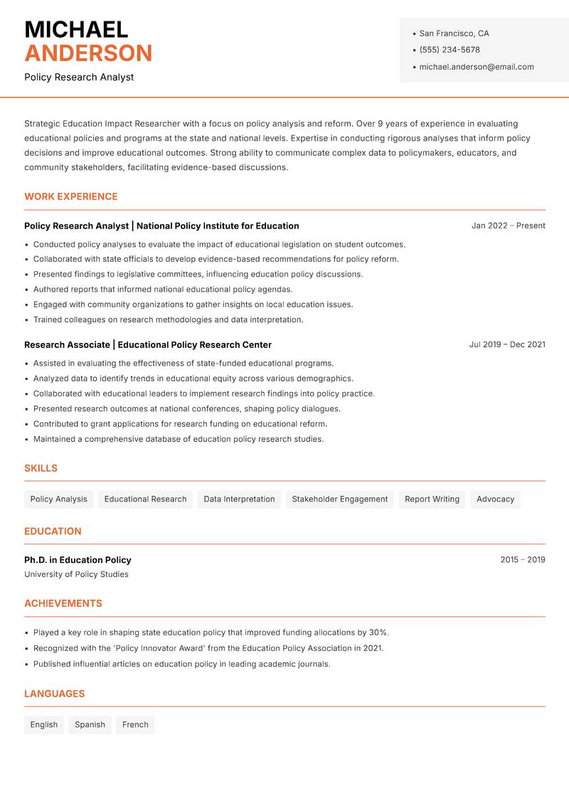 Education Impact Researcher resume sample — Policy Research Analyst focus