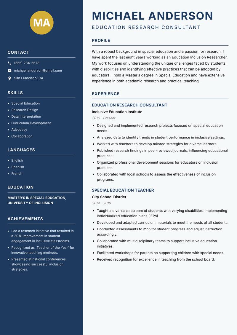 Education Inclusion Researcher resume sample — Education Research Consultant focus