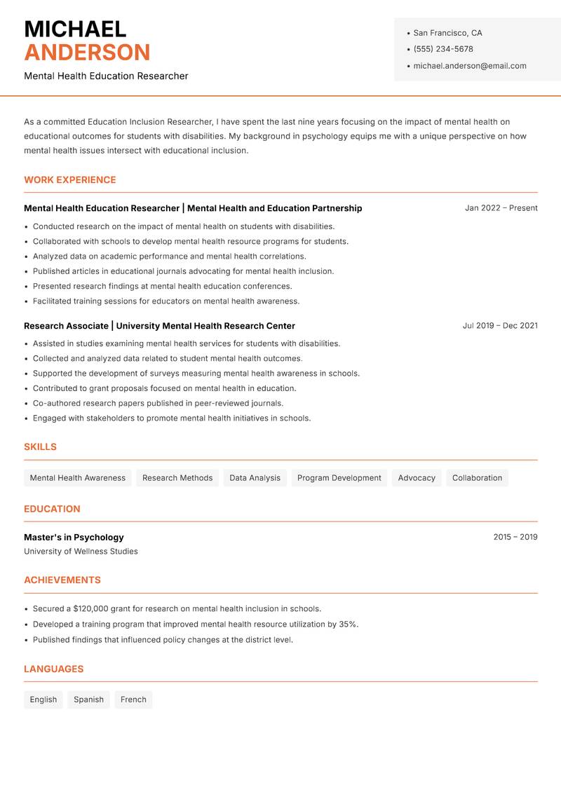 Education Inclusion Researcher resume sample — Mental Health Education Researcher focus