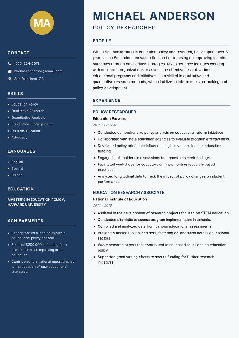 Education Innovation Researcher resume sample — Policy Researcher focus