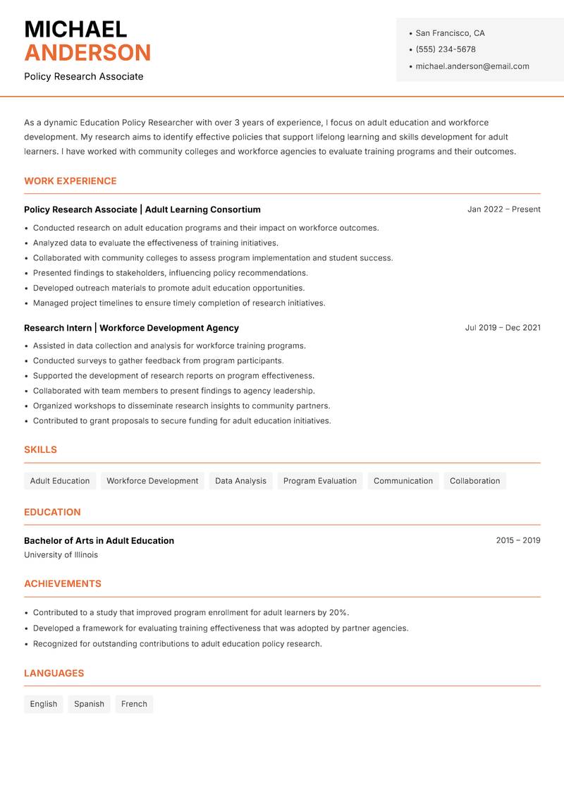 Education Policy Researcher resume sample — Policy Research Associate focus
