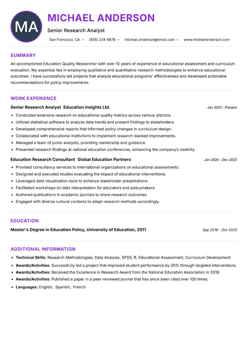 Education Quality Researcher resume example