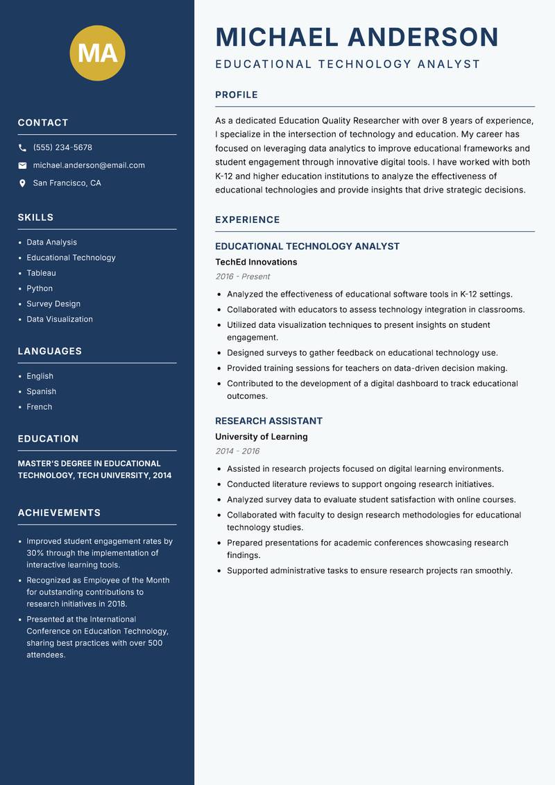 Education Quality Researcher resume sample — Educational Technology Analyst focus