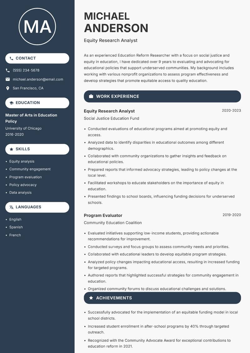 Education Reform Researcher resume sample — Equity Research Analyst focus