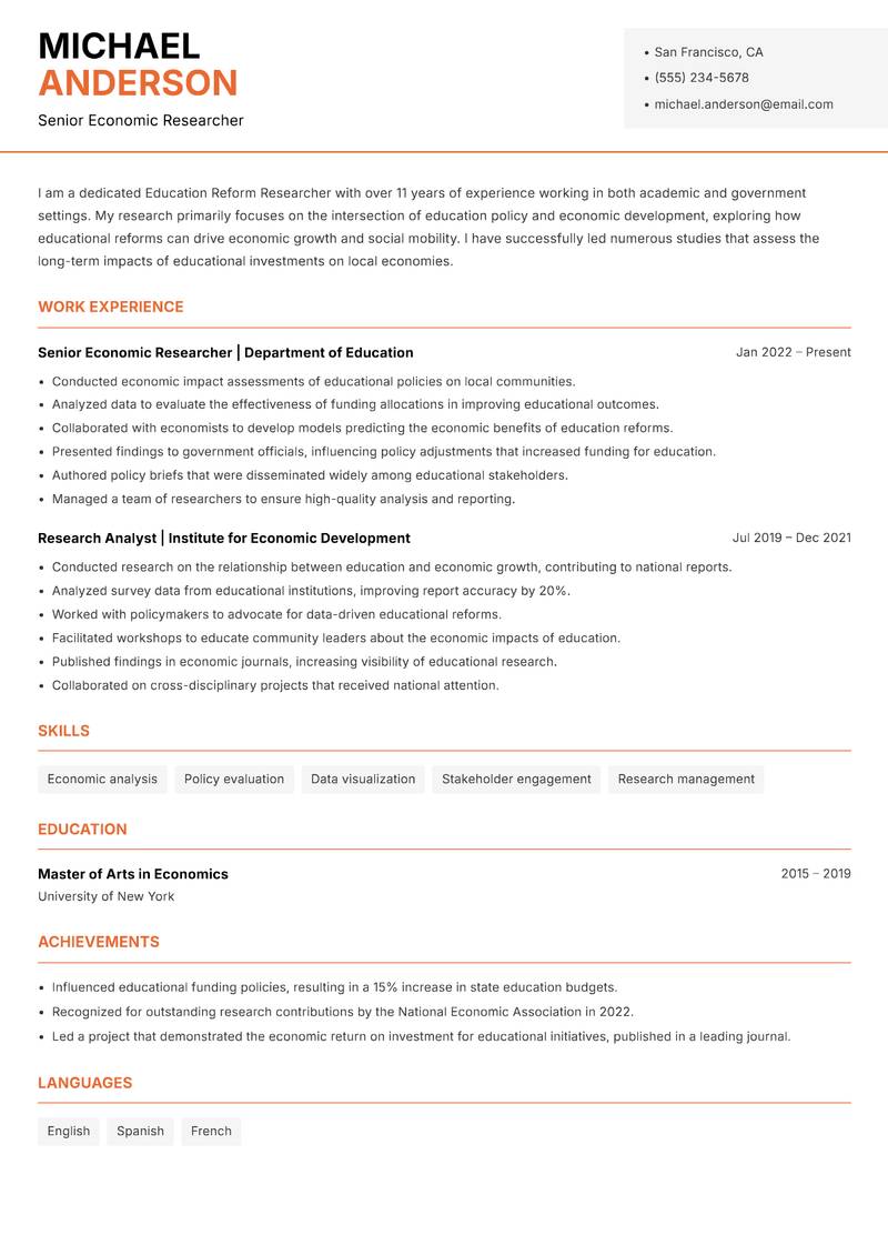 Education Reform Researcher resume sample — Senior Economic Researcher focus