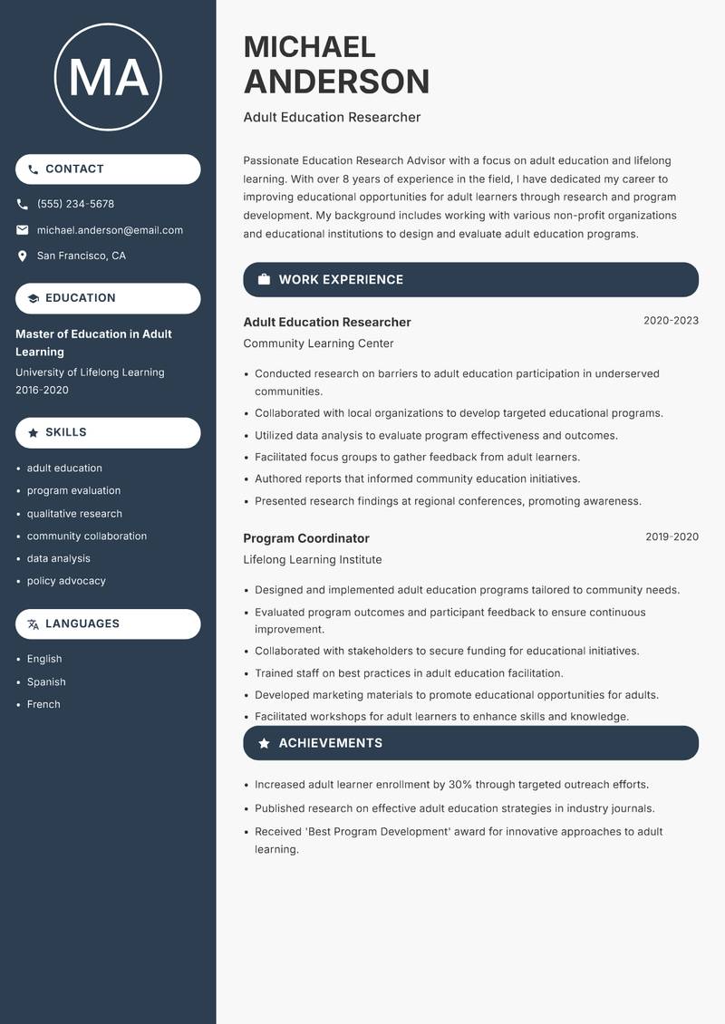 Education Research Advisor resume sample — Adult Education Researcher focus