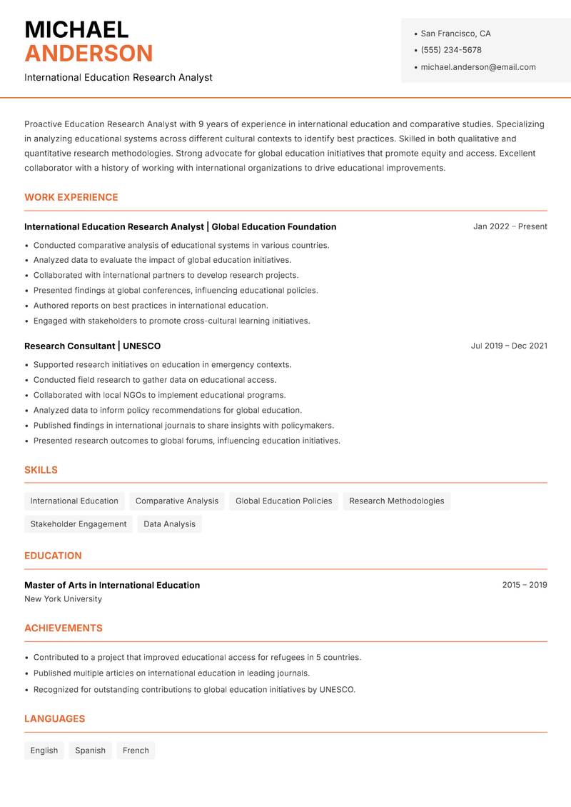Education Research Analyst resume sample — International Education Research Analyst focus
