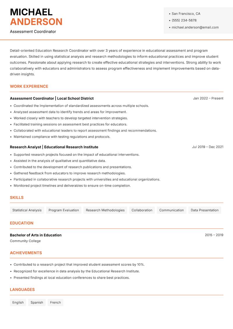 Education Research Coordinator resume sample — Assessment Coordinator focus