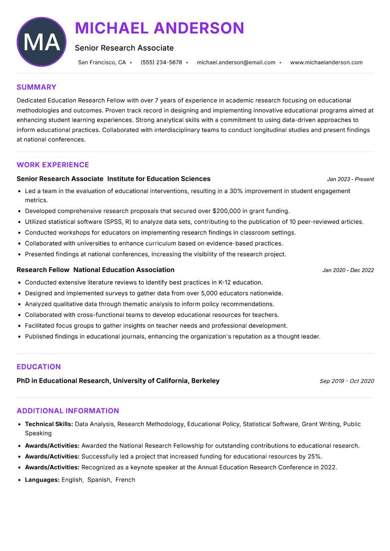 Education Research Fellow resume example