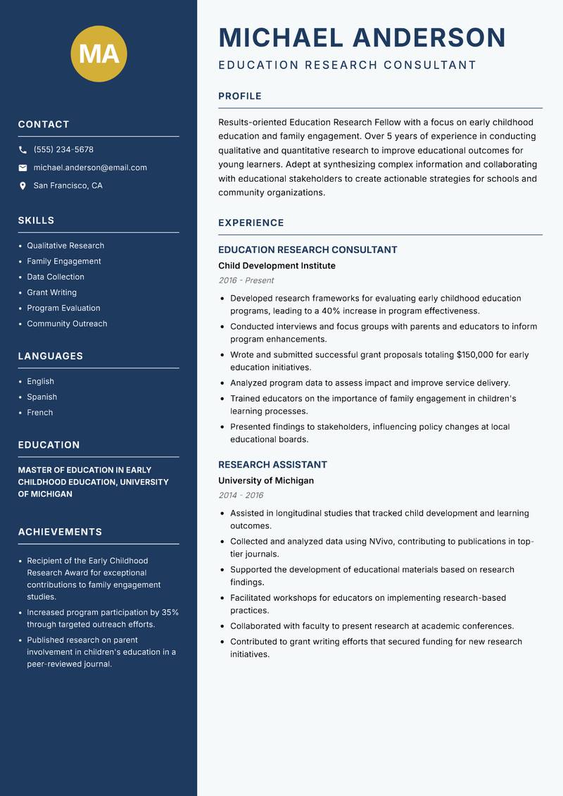 Education Research Fellow resume sample — Education Research Consultant focus