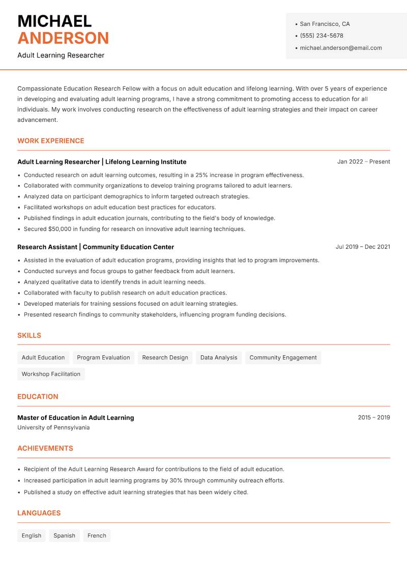 Education Research Fellow resume sample — Adult Learning Researcher focus