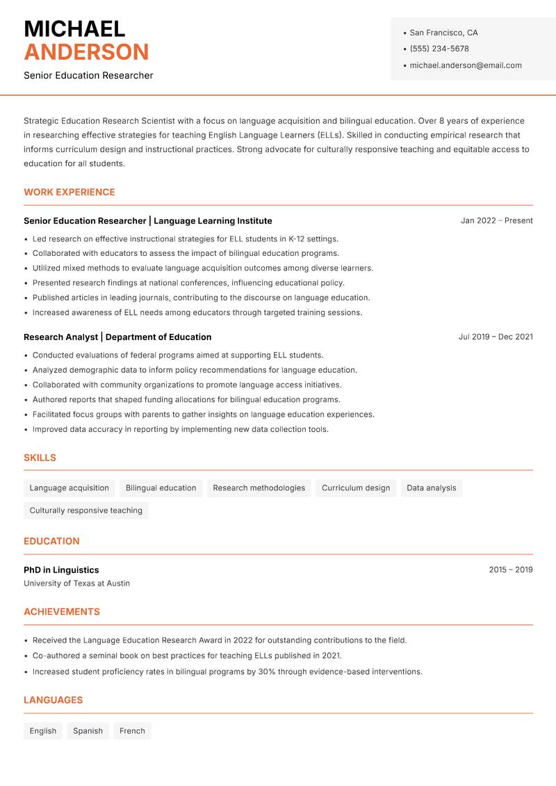 Education Research Scientist resume sample — Senior Education Researcher focus