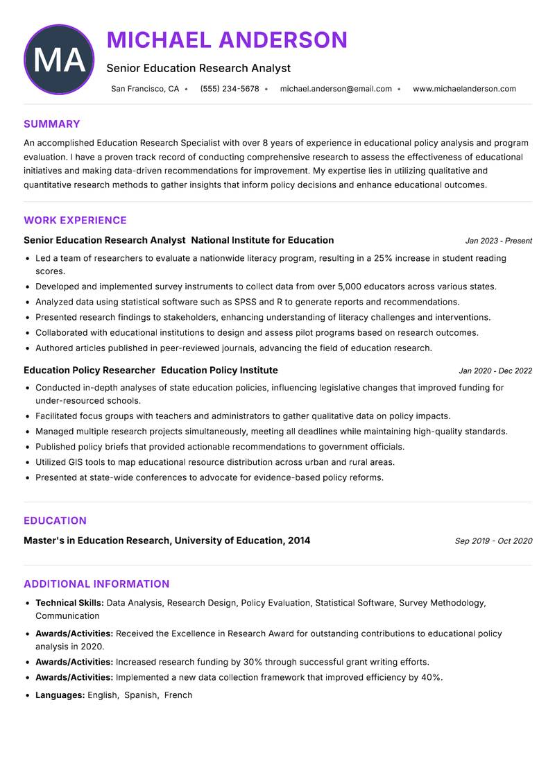 Education Research Specialist resume example