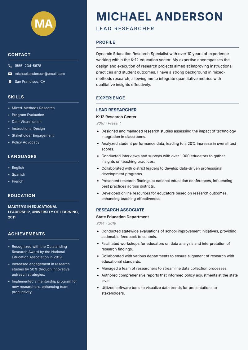 Education Research Specialist resume sample — Lead Researcher focus