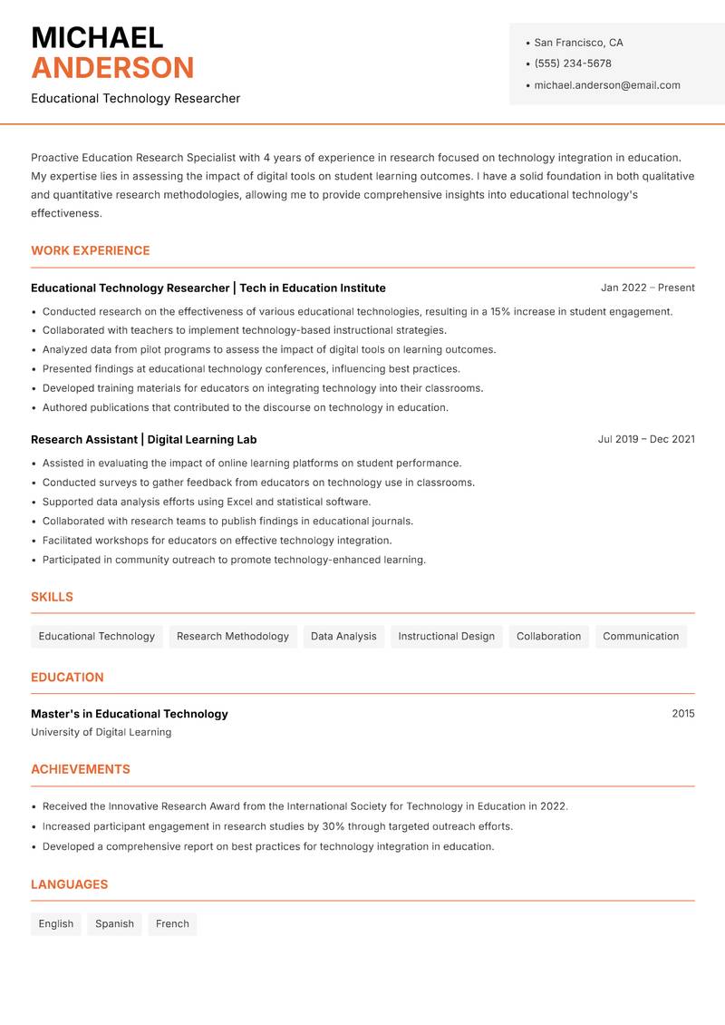 Education Research Specialist resume sample — Educational Technology Researcher focus