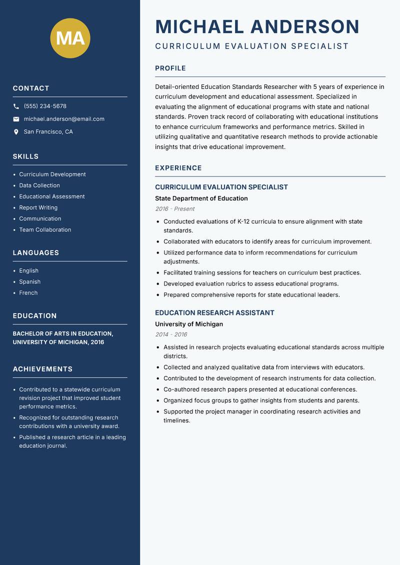 Education Standards Researcher resume sample — Curriculum Evaluation Specialist focus