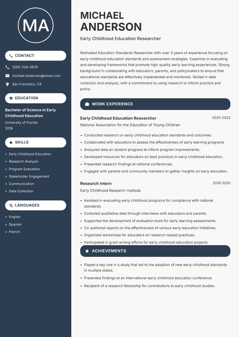 Education Standards Researcher resume sample — Early Childhood Education Researcher focus
