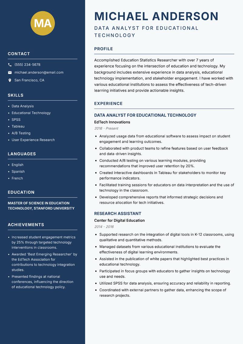Education Statistics Researcher resume sample — Data Analyst for Educational Technology focus