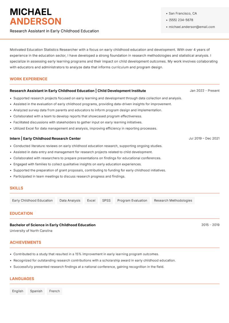 Education Statistics Researcher resume sample — Research Assistant in Early Childhood Education focus