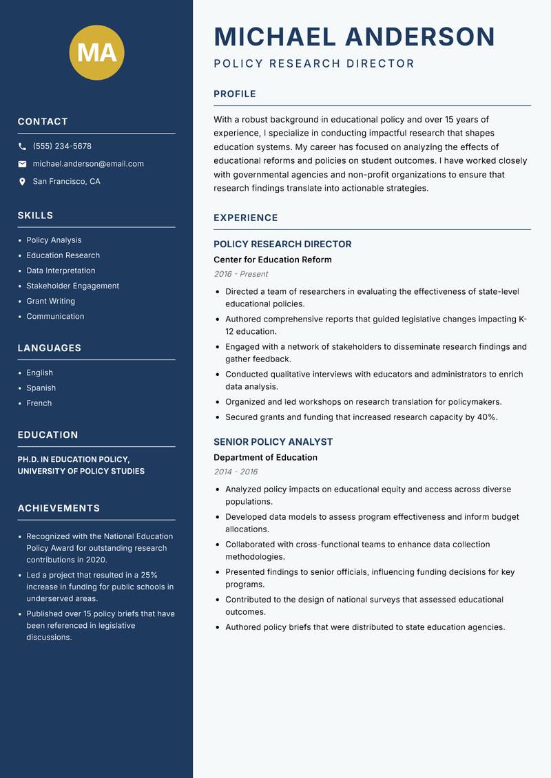 Education Systems Researcher resume sample — Policy Research Director focus