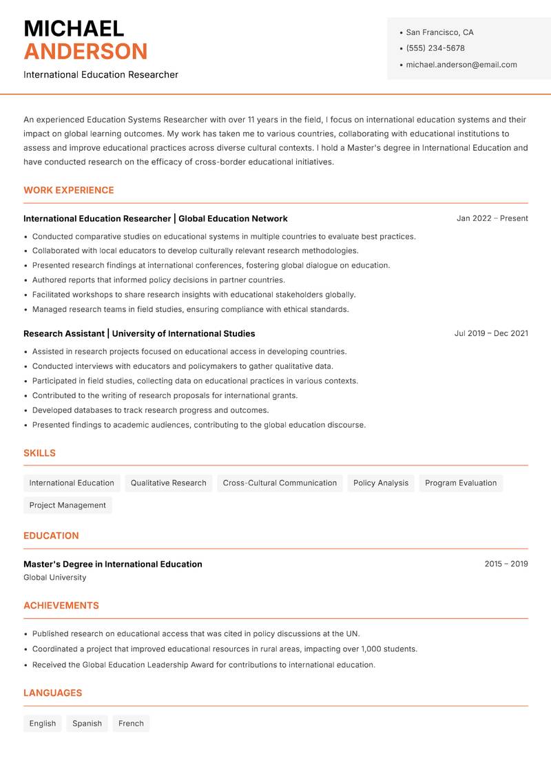 Education Systems Researcher resume sample — International Education Researcher focus