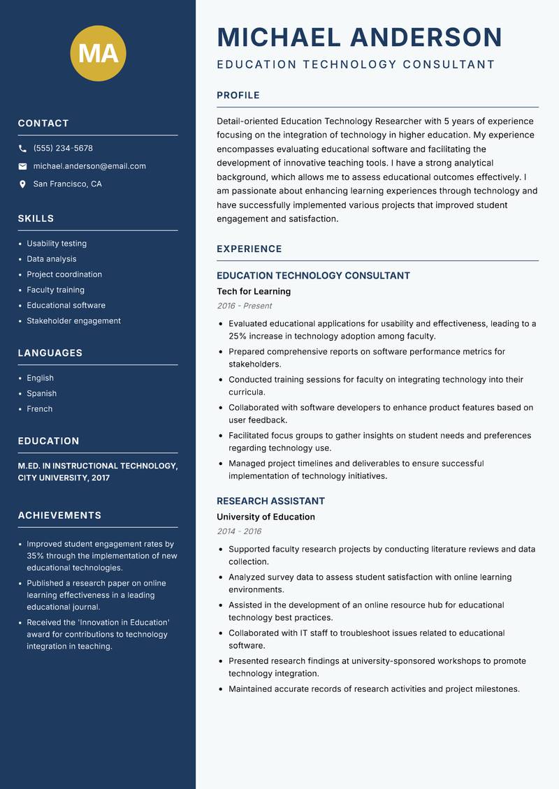 Education Technology Researcher resume sample — Education Technology Consultant focus