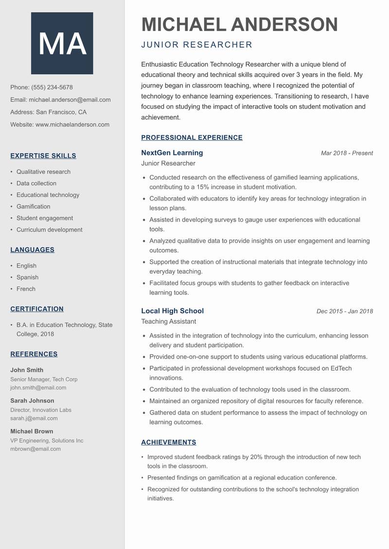 Education Technology Researcher resume sample — Junior Researcher focus