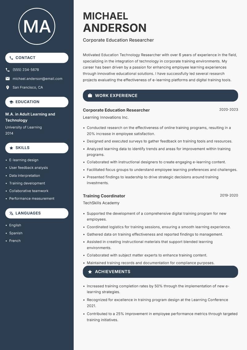 Education Technology Researcher resume sample — Corporate Education Researcher focus
