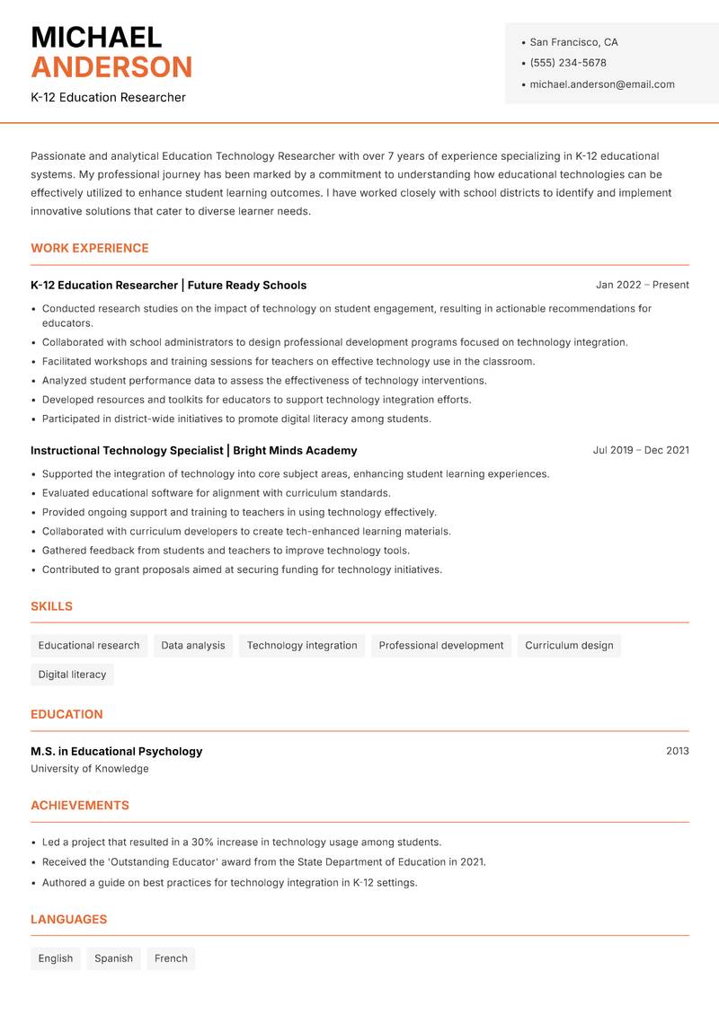 Education Technology Researcher resume sample — K-12 Education Researcher focus