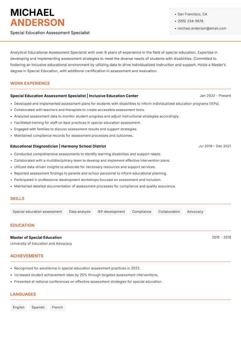 Educational Assessment Specialist resume sample — Special Education Assessment Specialist focus