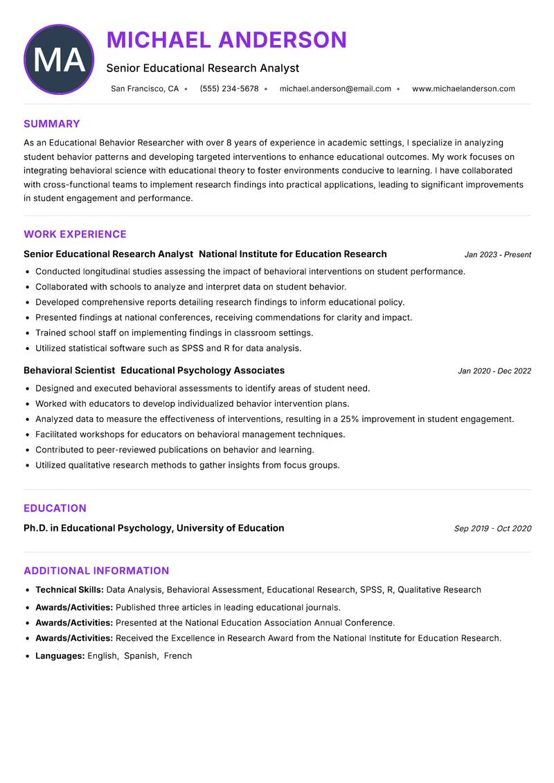 Educational Behavior Researcher resume example