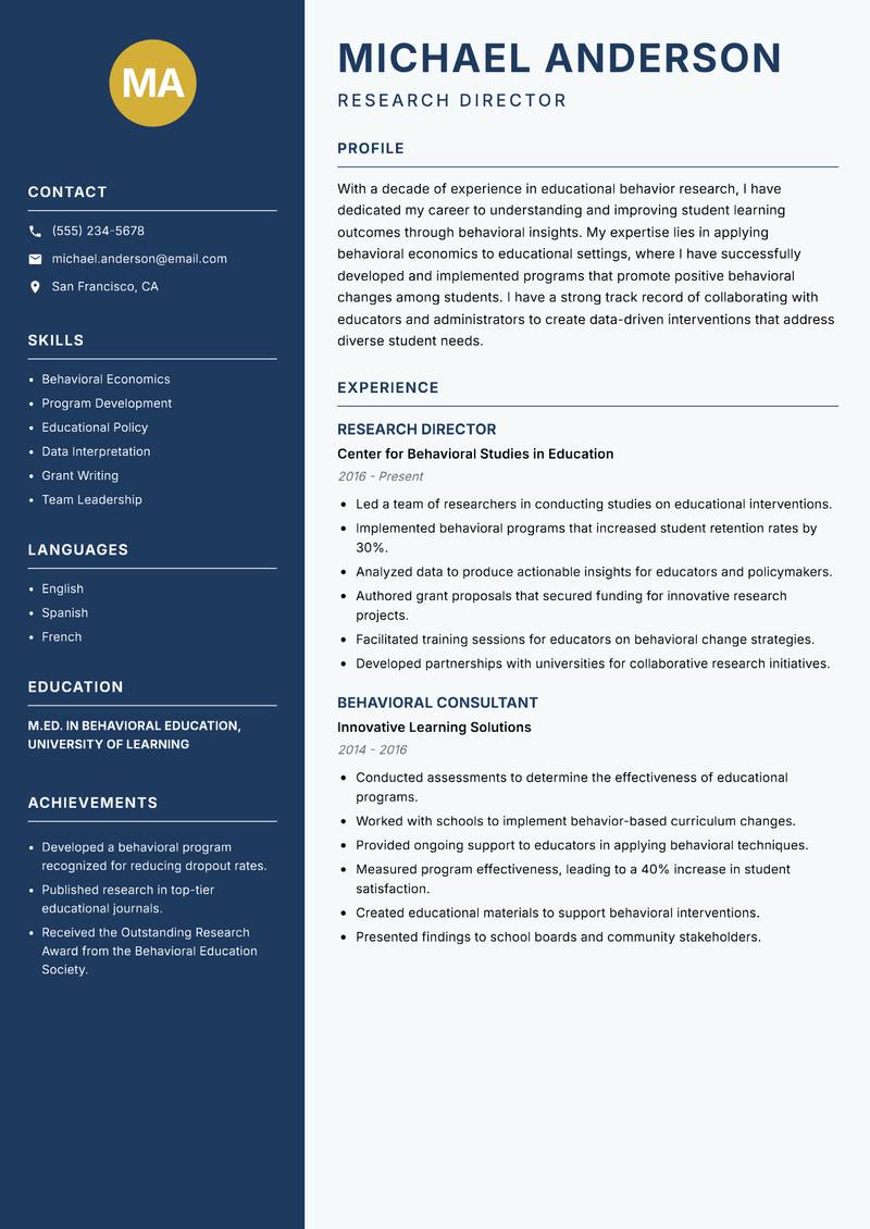 Educational Behavior Researcher resume sample — Research Director focus