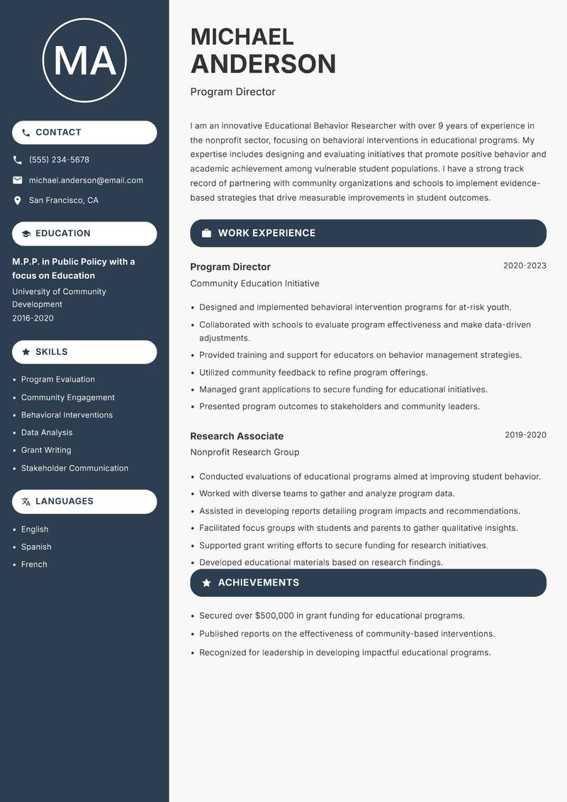 Educational Behavior Researcher resume sample — Program Director focus