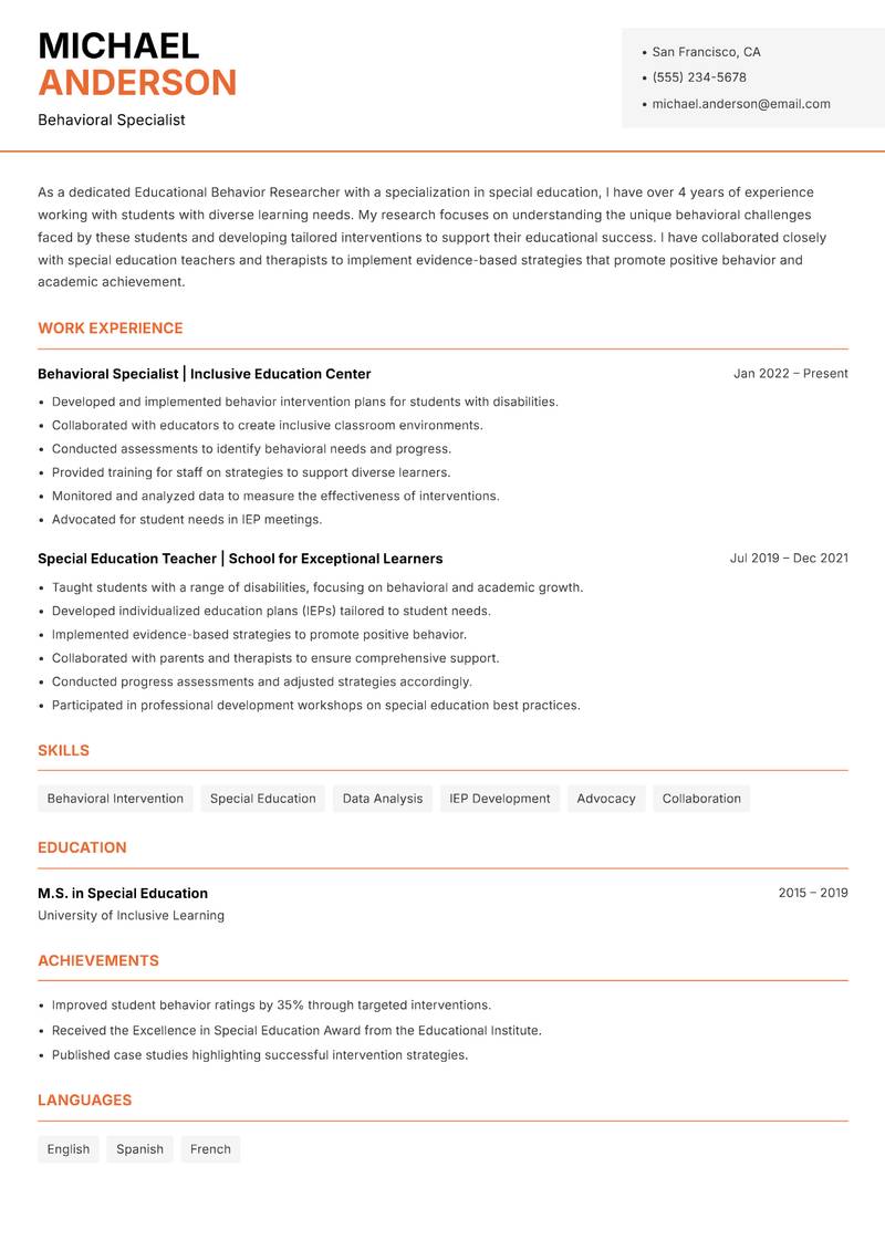 Educational Behavior Researcher resume sample — Behavioral Specialist focus