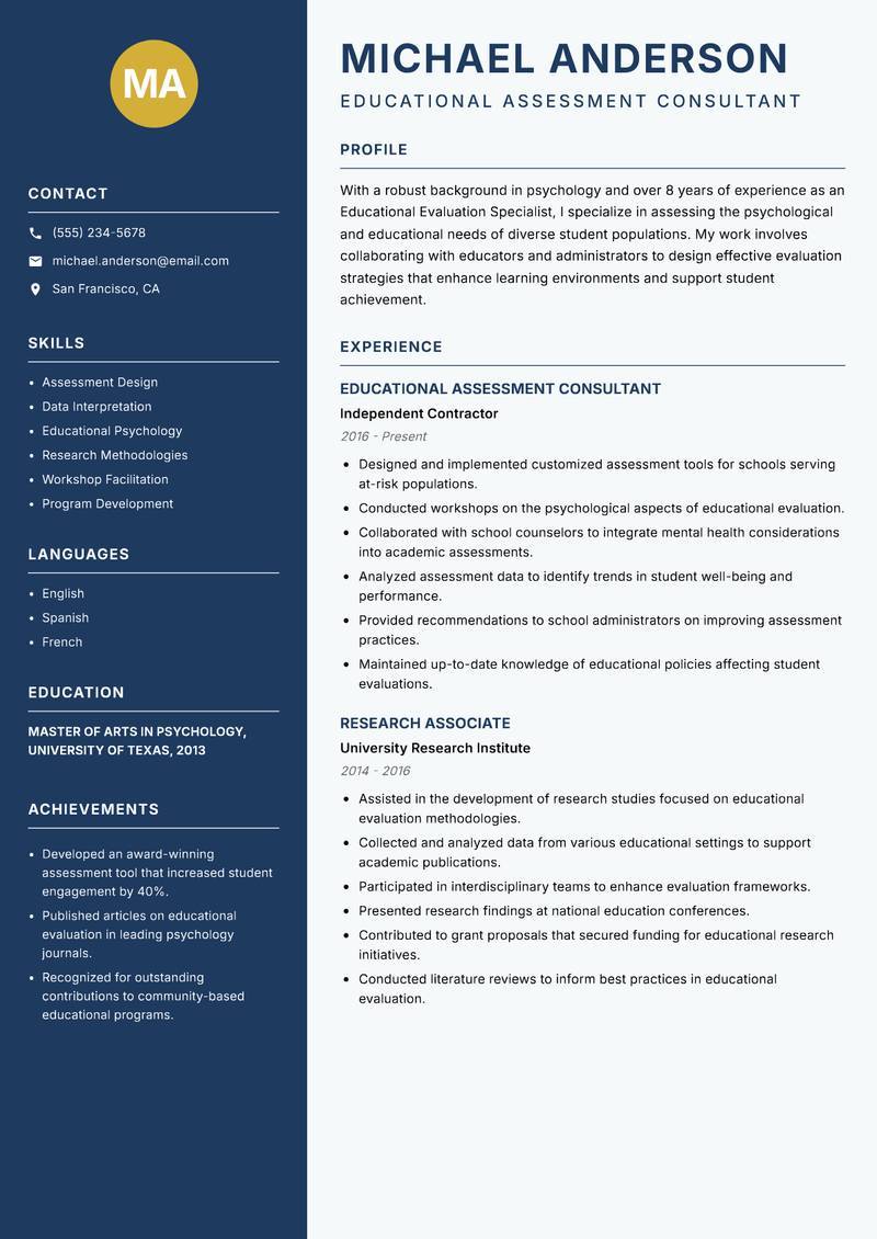 Educational Evaluation Specialist resume sample — Educational Assessment Consultant focus