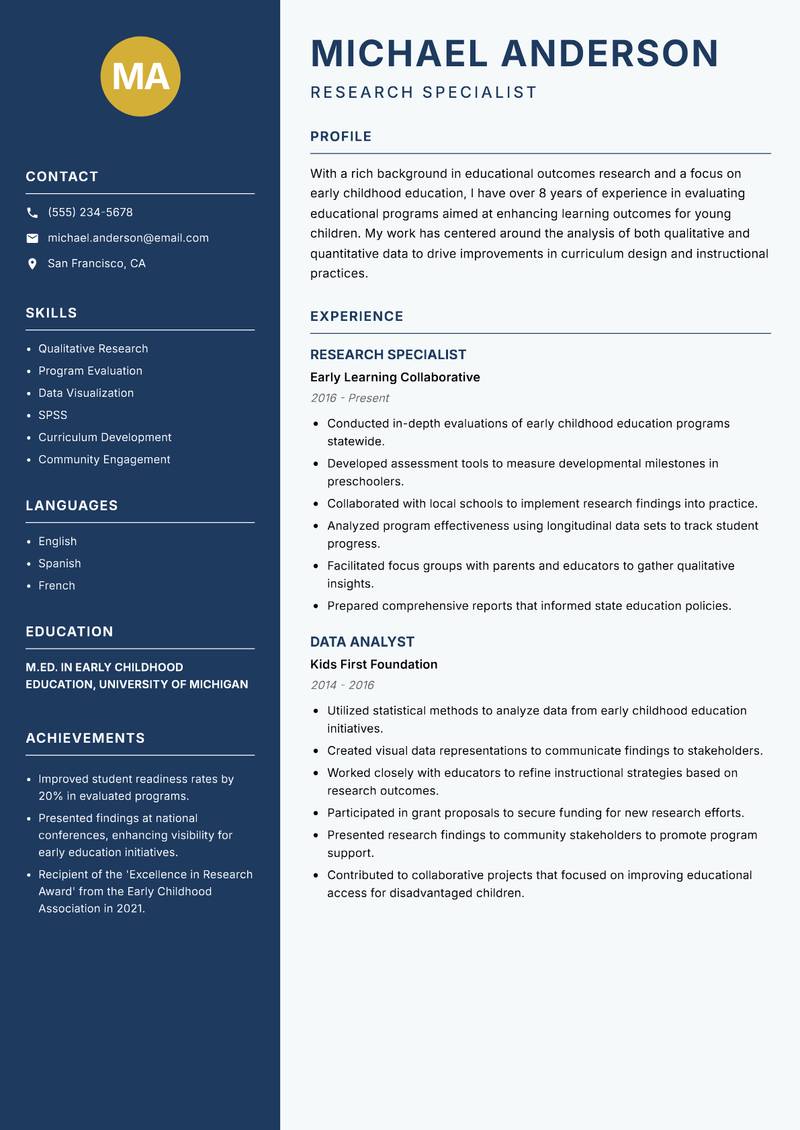Educational Outcomes Researcher resume sample — Research Specialist focus