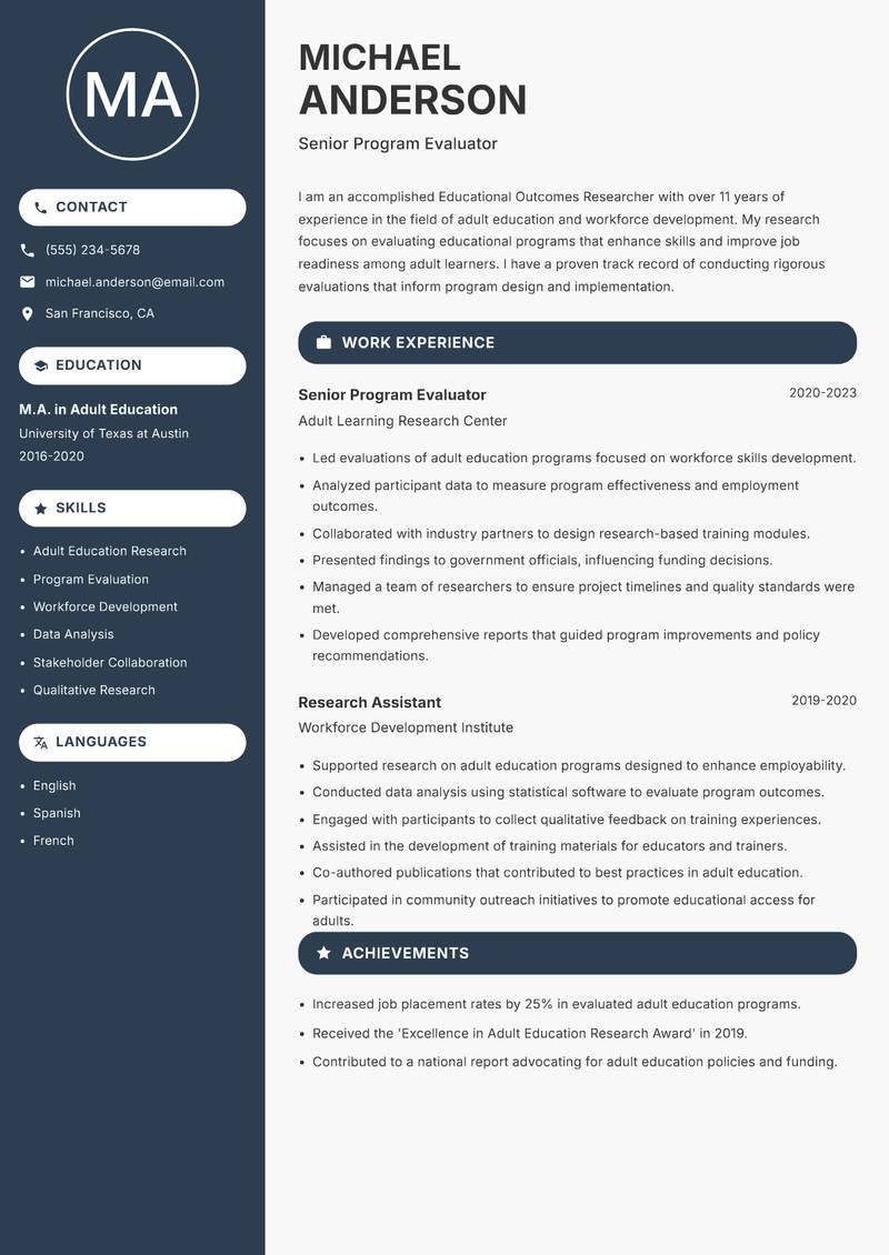 Educational Outcomes Researcher resume sample — Senior Program Evaluator focus