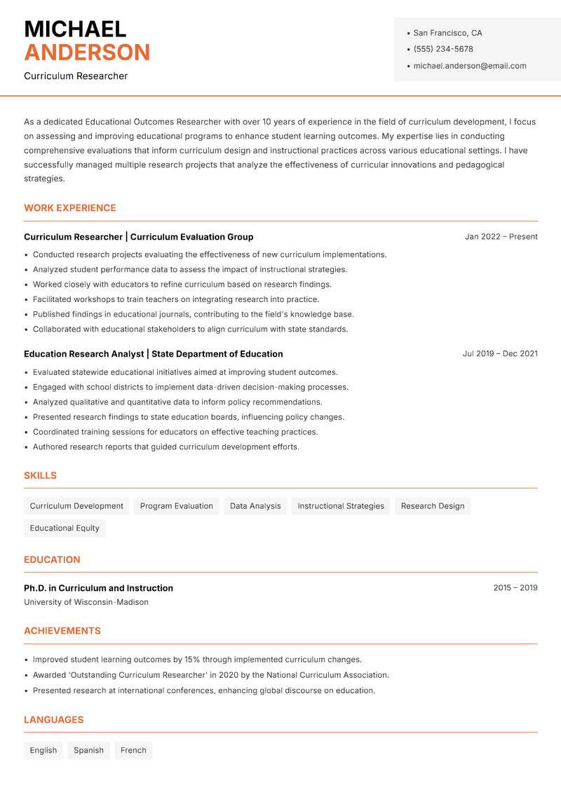 Educational Outcomes Researcher resume sample — Curriculum Researcher focus