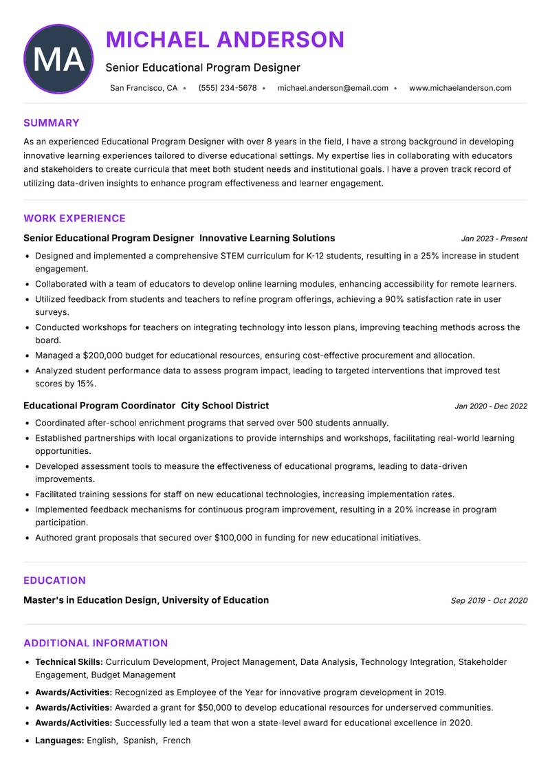 Educational Program Designer resume example
