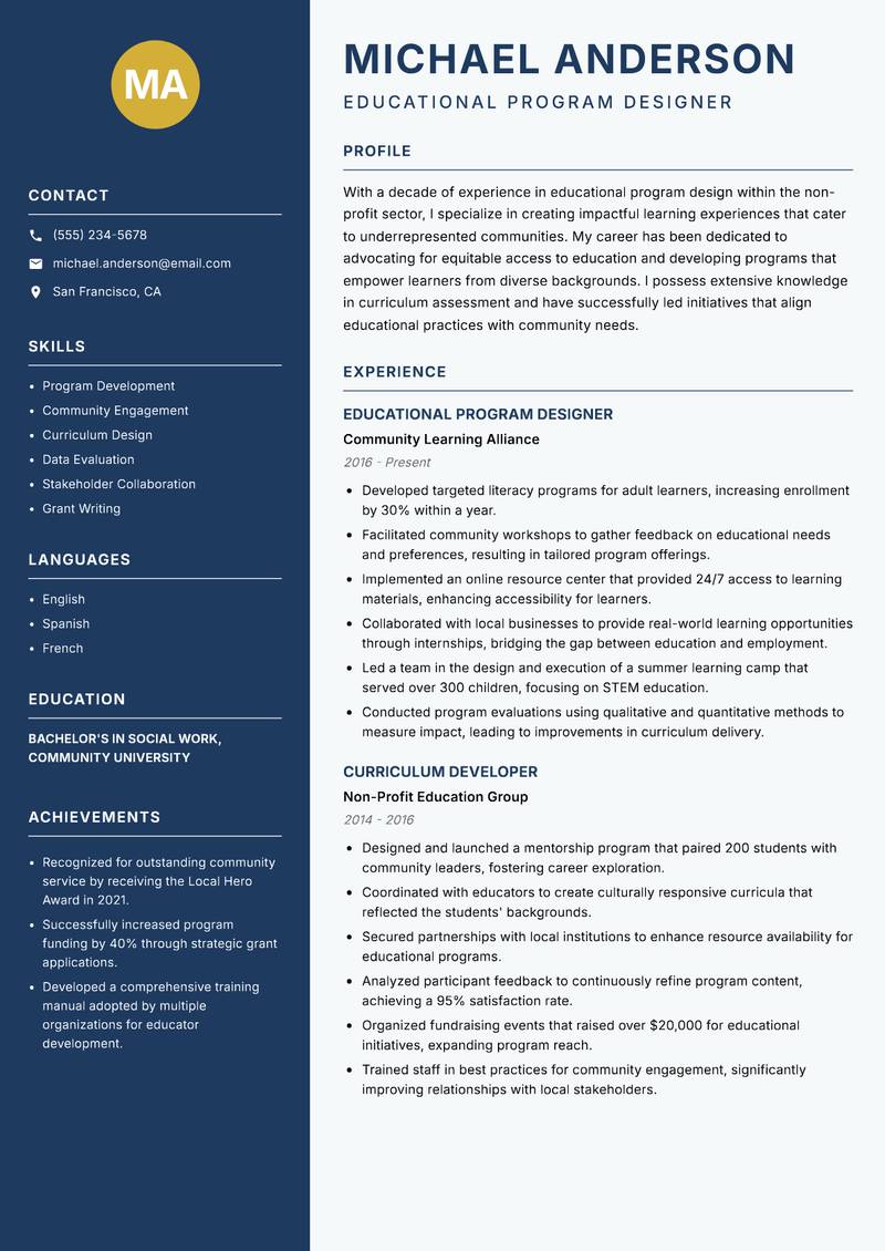 Educational Program Designer resume sample — Educational Program Designer focus
